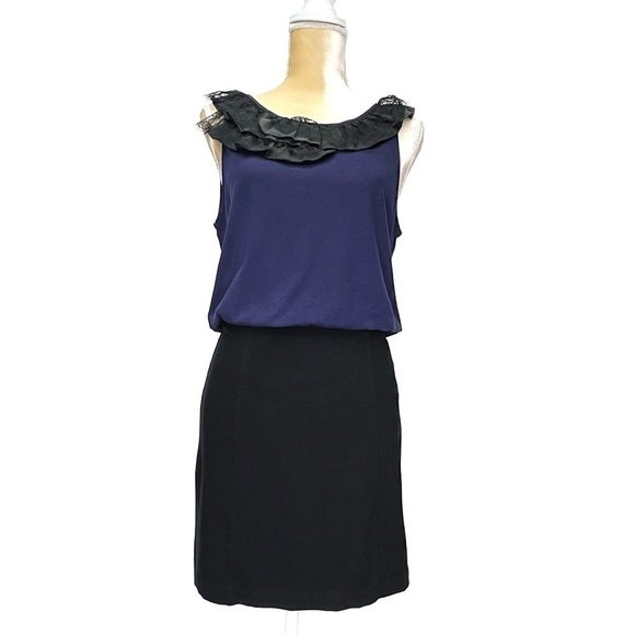 Theory Dress Size Medium Sleeveless Mini Fitted Skirt Bloused Bodice Black Blue - Picture 7 of 7